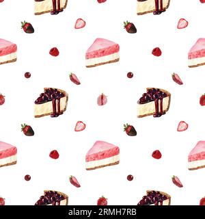 Desserts à motif aquarelle sans couture, morceau de cheesecake avec des fraises fraîches. Illustration dessinée à la main isolée sur fond blanc. Nourriture parfaite Banque D'Images