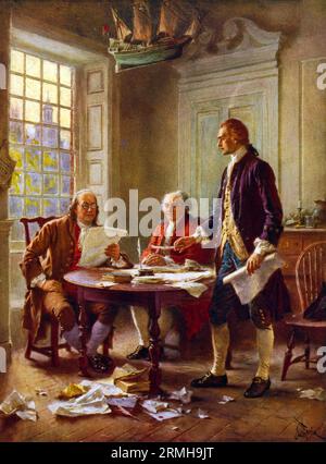 Rédaction de la Déclaration d'indépendance, 1776. Thomas Jefferson, Benjamin Franklin, et John Adams se rencontrent dans les logements de Jefferson à Philadelphie, pour examiner un projet de la Déclaration d'indépendance. Banque D'Images