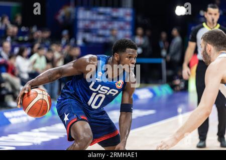 Manille, Philippines. 28 août 2023. Anthony Edwards des États-Unis vu en action lors du deuxième match de la phase de groupes de la coupe du monde de basket-ball FIBA 2023 entre les États-Unis et la Grèce au Mall of Asia Arena-Manille. Score final ; États-Unis 109:81 Grèce. Crédit : SOPA Images Limited/Alamy Live News Banque D'Images