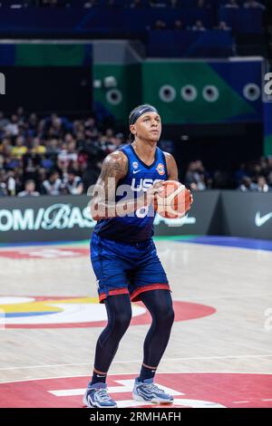 Manille, Philippines. 28 août 2023. Paolo Banchero des États-Unis vu en action lors du deuxième match de la phase de groupes de la coupe du monde de basket-ball FIBA 2023 entre les États-Unis et la Grèce au Mall of Asia Arena-Manille. Score final ; États-Unis 109:81 Grèce. Crédit : SOPA Images Limited/Alamy Live News Banque D'Images