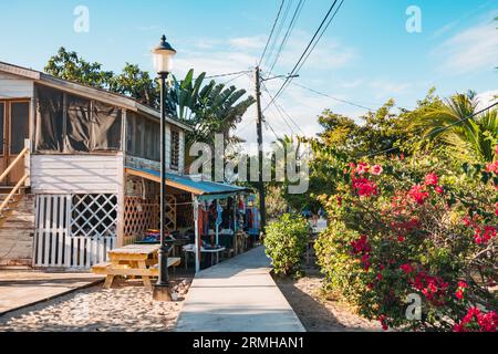 Le chemin principal à travers Placencia township, Belize. Une légende urbaine prétend qu'elle détient le record du monde Guinness de la « rue principale la plus étroite » Banque D'Images