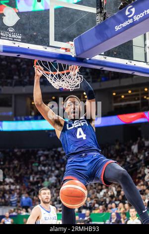 Manille, Philippines. 28 août 2023. Tyrese Haliburton des États-Unis vu en action lors du deuxième match de la phase de groupes de la coupe du monde de basket-ball FIBA 2023 entre les États-Unis et la Grèce au Mall of Asia Arena-Manille. Score final ; États-Unis 109:81 Grèce. (Photo Nicholas Muller/SOPA Images/Sipa USA) crédit : SIPA USA/Alamy Live News Banque D'Images