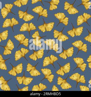 Modèle sans couture avec des feuilles d'automne ginkgo biloba isolées sur fond gris, illustration aquarelle dessinée à la main. Pour fond, tissu et textile Banque D'Images