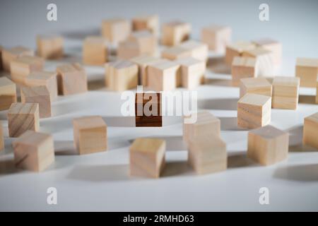 Cube unique en bois sombre debout au milieu d'une foule de cubes en bois clair, concept social pour la diversité, être différent, exclusion et integ Banque D'Images