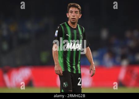 Naples, Italie. 27 août 2023. Maxime Lopez de l'US Sassuolo lors du match de Serie A entre le SSC Napoli et l'US Sassuolo Calcio au Stadio Diego Armando Ma Banque D'Images