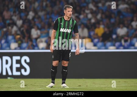 Naples, Italie. 27 août 2023. Andrea Pinamonti de l'US Sassuolo lors du match de Serie A entre le SSC Napoli et l'US Sassuolo Calcio au Stadio Diego Armand Banque D'Images