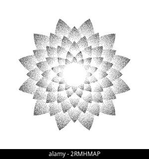 Fond de fleur de stipple. Mandala orné de pois. Forme du grain de bruit. Décoration abstraite de pétales floraux noirs. Conception de modèle de travail à points radiaux pour affiche, vêtements, badge, autocollant. Vecteur Illustration de Vecteur