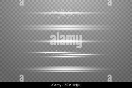 Lignes lumineuses. Jeu de poutres argentées. Clignotement horizontal brillant. Collection de lignes de lumière blanche. Reflets abstraits. Faisceaux laser incandescents. Effet rayons blancs. VE Illustration de Vecteur