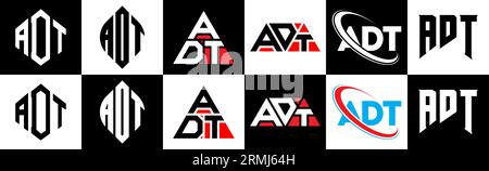 Conception de logo de lettre ADT dans le style six. ADT polygone, cercle, triangle, hexagone, plat et style simple avec le logo de la lettre de variation de couleur noir et blanc se Illustration de Vecteur