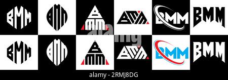 Conception de logo de lettre BMM dans le style six. BMM polygone, cercle, triangle, hexagone, plat et style simple avec le logo de lettre de variation de couleur noir et blanc se Illustration de Vecteur