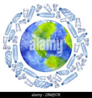 Déchets plastiques autour de la planète Terre. Flacons transparents bleus jetables, tasses. Illustration d'aquarelle dessinée à la main isolée sur fond blanc. Écologie Banque D'Images