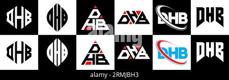 Conception de logo de lettre DHB dans le style six. DHB polygone, cercle, triangle, hexagone, plat et style simple avec le logo de lettre de variation de couleur noir et blanc se Illustration de Vecteur