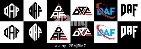 Logo DAF lettre design dans le style six. DAF polygone, cercle, triangle, hexagone, plat et style simple avec le logo de la lettre de variation de couleur noir et blanc se Illustration de Vecteur