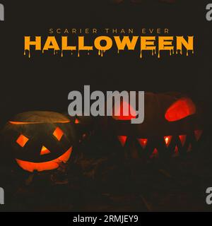 Composite de Jack o lanternes illuminées et plus effrayant que jamais texte halloween, espace de copie Banque D'Images