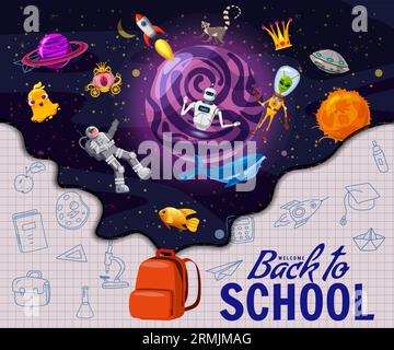 Bienvenue Retour à l'école, bannière inspiration livre. Imagination de l'espace pour les enfants Illustration de Vecteur