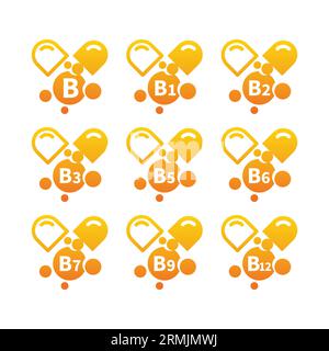 Jeu d'icônes de capsules de complexe de vitamine B. Icônes des vitamines b1, b3, b9 et b12. Illustration de Vecteur