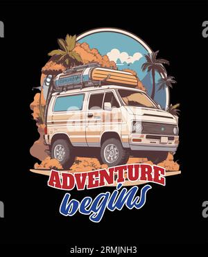 Adventure Begins Retro Vantage Climbing T-shirt Design Illustration de Vecteur