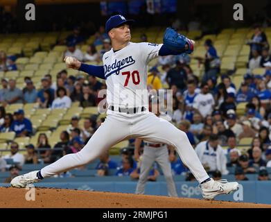 Los Angeles, États-Unis. 28 août 2023. Le lanceur de départ des Dodgers de Los Angeles, Bobby Miller, sort de l'ip pour livrer contre les Dodgers de Los Angeles lors de la quatrième manche au Dodger Stadium de Los Angeles, le lundi 28 août 2023. Photo de Jim Ruymen/UPI crédit : UPI/Alamy Live News Banque D'Images