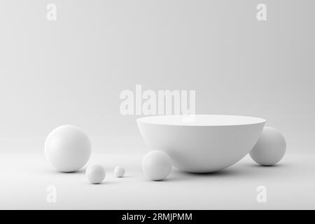 Podium, piédestal ou plate-forme de sphère blanche divisée en deux avec des sphères noires sur le sol. Plate-forme vierge et formes géométriques abstraites pour la présentation du produit Banque D'Images