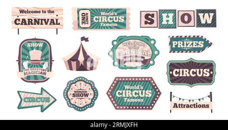 Bannières de carnaval. Modèles de bannière de cirque rétro avec texture comique, rubans vintage pour la conception de carte d'événement de théâtre. Jeu de vecteurs. Tickt pour le spectacle d'amusement, autocollant de tente, panneau montrant le chemin Illustration de Vecteur