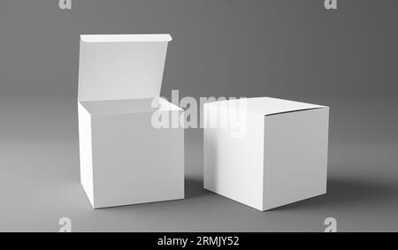 Deux maquettes de boîte blanche isolées sur fond gris, rendu 3D. Banque D'Images