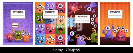 Housse pour carnet monstre. Cartoon fantasy personnages Sketchbook, journal de dessin animé vierge avec des personnages drôles et des yeux mignons. Illustration vectorielle de cahier de personnages d'animaux Illustration de Vecteur