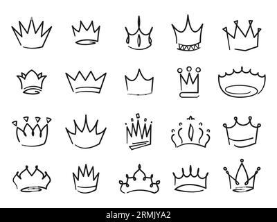 Doodle Crowns. Couronnes royales médiévales avec inscriptions et calligraphie, icônes de monarque de bijou de luxe dessinées à la main pour la conception de logo. Ensemble vectoriel d'illustration royale médiévale reine Illustration de Vecteur