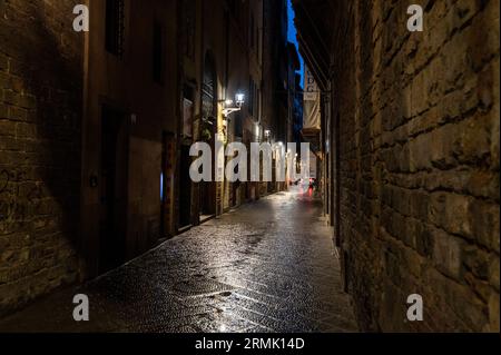 Après une douche de pluie légère, il reflète la lumière de la rue sur une rue médiévale étroite et pavée à Florence, dans la région toscane de l'Italie. Banque D'Images