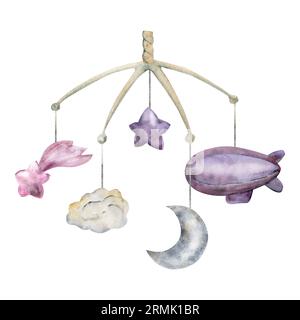 Aquarelle illustration dessinée à la main, conception mobile, lune d'univers cosmos magique, comète, nuages, ballon dirigeable. Isolé sur fond blanc. Pour Banque D'Images