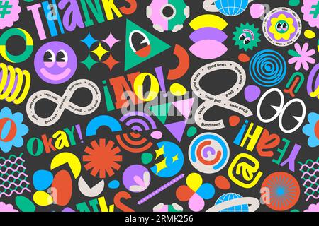 Motif d'étiquettes groovy. Autocollants rétro de dessin animé des années 90 avec des éléments courbes abstraits et des symboles organiques pour la conception de cartes et de produits, illustration de fond de dessin animé de texture vectorielle Illustration de Vecteur