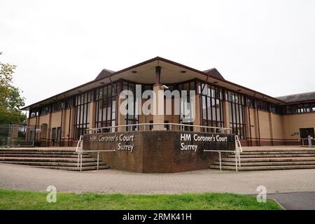 Une vue de HM coroner's court Surrey à Woking, avant l'enquête sur la mort de Sara Sharif, 10 ans, qui a été retrouvée morte dans une propriété sur Hammond Road à Woking, Surrey, le 10 août. Date de la photo : lundi 28 août 2023. Banque D'Images