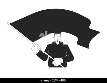 Homme caucasien agitant drapeau plat ligne plate noir blanc caractère vectoriel Illustration de Vecteur