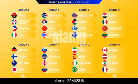 2023 icônes de tournoi de basket-ball avec drapeaux triés par groupe. Collection de drapeaux vectoriels. Illustration de Vecteur