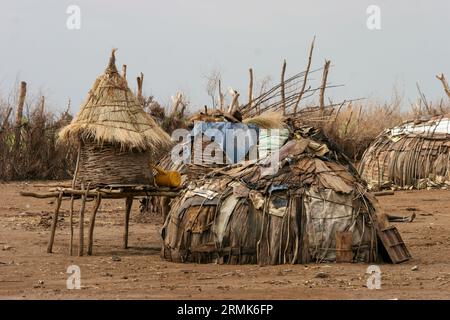 Les huttes de paille du village de la tribu Daasanach, vallée de l'Omo, Éthiopie, Afrique les Daasanach (également connus sous le nom de Marille ou Geleba) sont un groupe ethnique couchitique Banque D'Images