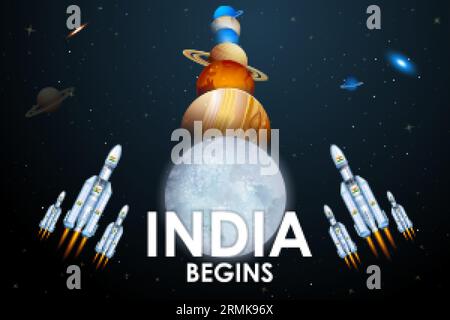 Mission de fusée Chandrayaan 3 lancée par l'Inde pour mission d'exploration lunaire avec l'atterrisseur Vikram et le rover Pragyan Illustration de Vecteur