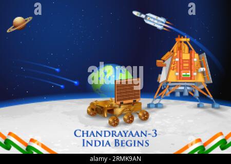 Mission de fusée Chandrayaan 3 lancée par l'Inde pour mission d'exploration lunaire avec l'atterrisseur Vikram et le rover Pragyan Illustration de Vecteur