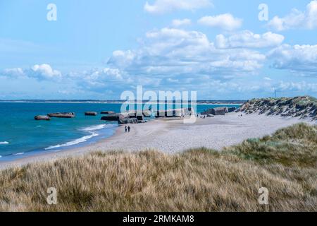 Bunkers sur la plage, reliques du mur de l'Atlantique de la guerre mondiale 2, Danemark Banque D'Images