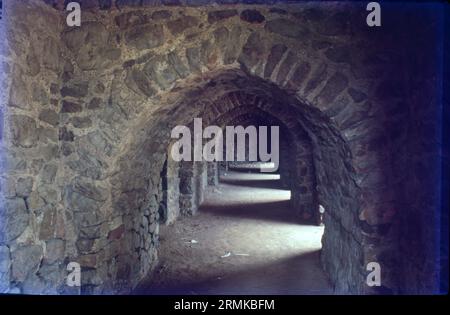 L'une des plus anciennes structures de Delhi, le fort Feroz Shah Kotla a été construit par le sultan Feroz Shah Tughlaq en 1354. Ceci et d'autres anciens lats (piliers, obélisque) ont gagné la renommée de Firoz Shah Tughlaq et du Sultanat de Delhi pour son patronage architectural. Outre le pilier Ashokan, le complexe du fort abrite également la Jami Masjid (mosquée), un Baoli et un grand complexe de jardins. Banque D'Images