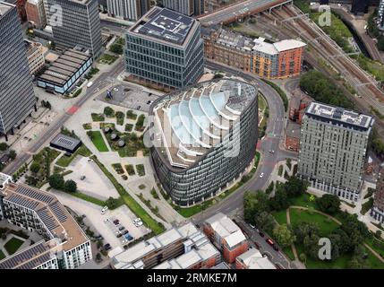 Vue aérienne de One Angel Square (un bâtiment CIS), Angel Square, Manchester Banque D'Images