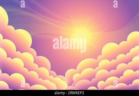 au-dessus des nuages clair au-dessus des nuages coucher de soleil ciel violet avec fond vectoriel brillant du soleil Illustration de Vecteur