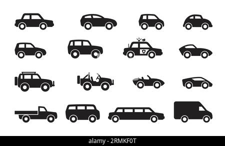 divers véhicule de voiture civile silhouette simple ensemble de vues latérales icône symbole vecteur isolé sur fond blanc Illustration de Vecteur