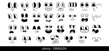 Ensemble de visages comiques groovy dans le style de bande dessinée rétro tendance des années 70. Émotions de mascotte traditionnelles. Illustration isolée. Illustration de Vecteur