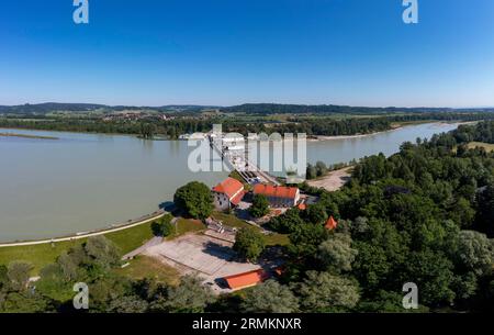 Drone shot, Inn centrale Ering Frauenstein, Château Frauenstein, Mines, Inn, Innviertel, haute-Autriche, Autriche Banque D'Images