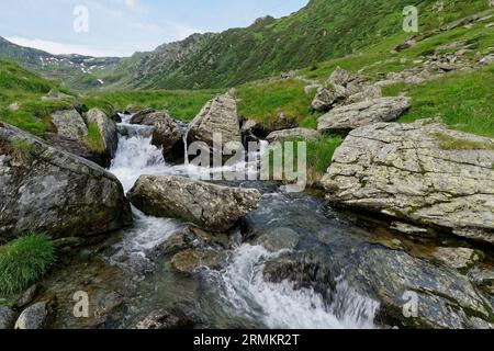 Paysage rocheux au cours supérieur du ruisseau Balea dans les montagnes de Fagaras, également montagnes de Fogaras, dans le groupe de montagnes du Sud Banque D'Images