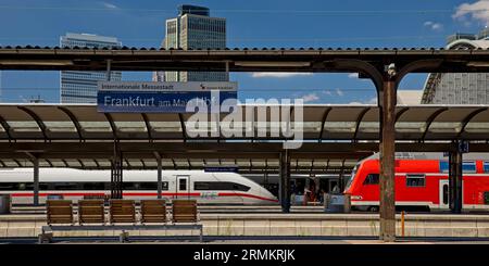 Gare principale avec ICE, train local et gratte-ciel, Francfort-sur-le-main, Hesse, Allemagne Banque D'Images