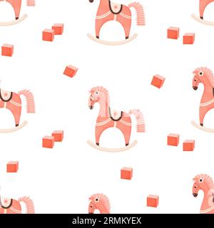 Motif sans couture Cute Kids. Jouets pour enfants à bascule cheval sur fond blanc avec des cubes. Illustration vectorielle dans le style de bande dessinée Illustration de Vecteur