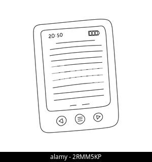 Aperçu de l'écran e-book avec boutons et niveau de charge. Livre de poche dessiné à la main. Illustration vectorielle en noir et blanc isolée sur fond blanc. Illustration de Vecteur