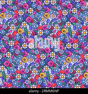 Motif floral sans couture lumineux avec des bouquets de fleurs sauvages, marguerites, tulipes, pivoines et herbes parfumées. Ornement pour impression sur tissu, couverture et p Illustration de Vecteur