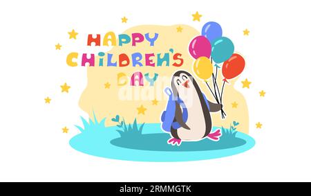 Bonne journée des enfants. Illustration vectorielle avec lettrage coloré. Pingouin mignon avec ballon. Affiche pour enfants isolée sur fond blanc. Illustration de Vecteur