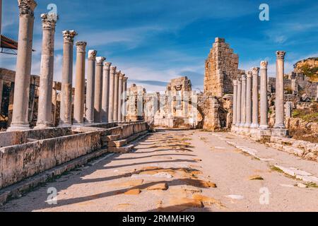 Le charme antique de Perge à Antalya, en Turquie, mis en valeur par les ruines impressionnantes d'un temple grec orné de colonnes majestueuses. Banque D'Images